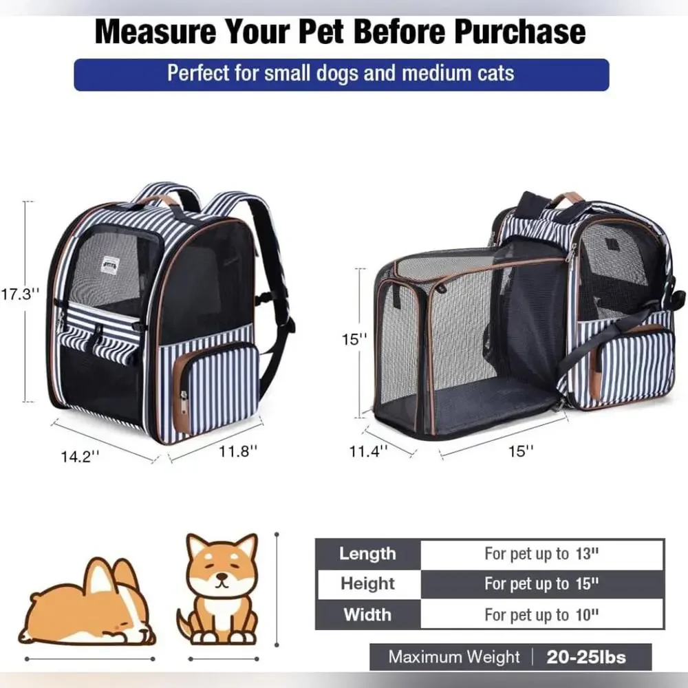 Striped Navy & White Expandable Pet Carrier Travel Bag by